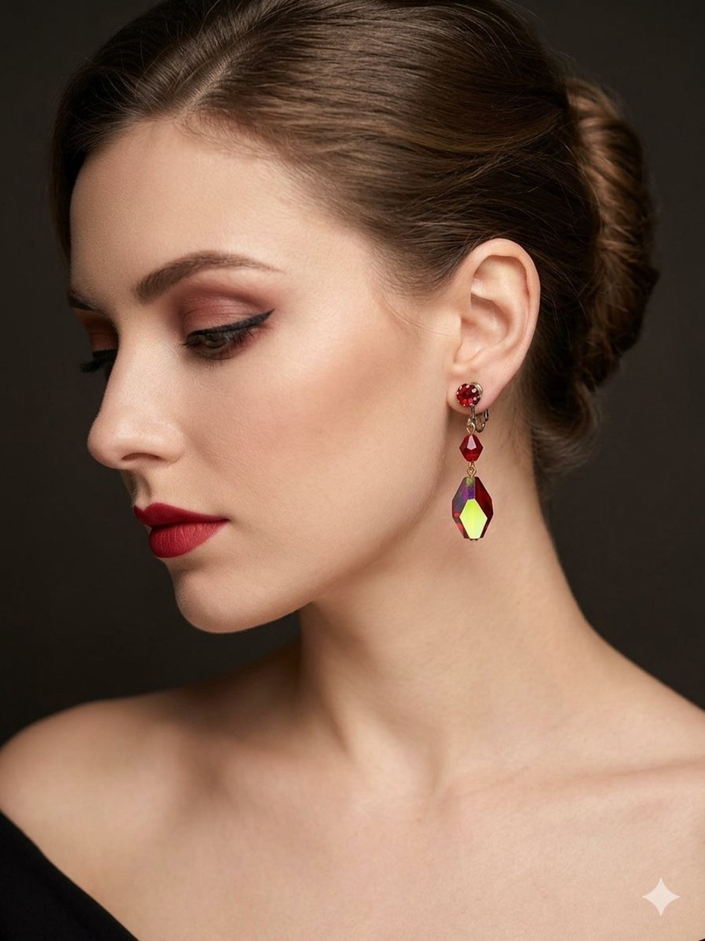 Vintage 1950s Red Aurora Borealis Glass Dangle Clip On Earrings